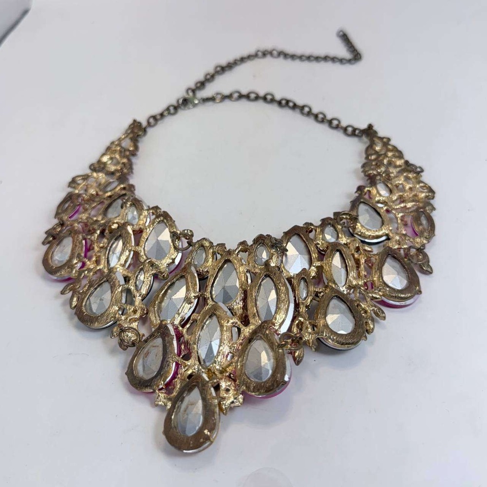 Multi Color Rhinestone Bib Statement Necklace Gold Tone Adjustable Chain - Picture 3 of 5